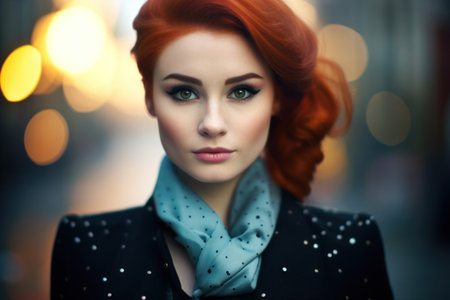 a woman with red hair and green eyesの素材