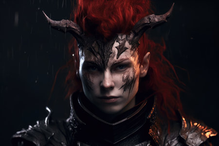 a woman with red hair and horns on her headの素材