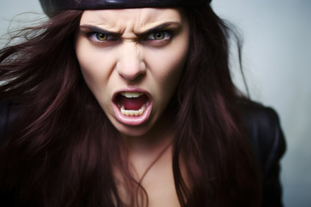 a woman with a black hat and a black leather hat with her mouth openの素材
