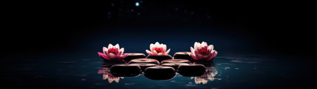 a group of pink flowers on rocks in waterの素材
