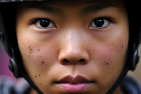 close up of a person wearing a helmetの素材