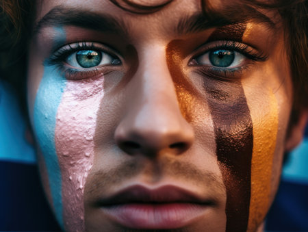 a close up of a man with paint on his faceの素材