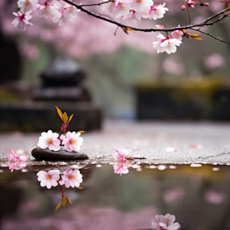 a small rock with pink flowers on itの素材