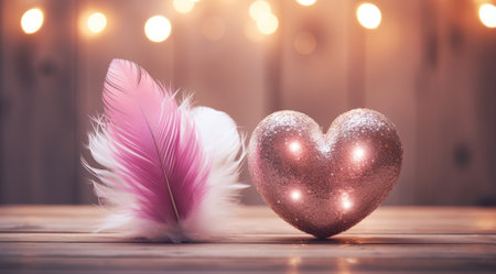 a pink feather next to a heartの素材