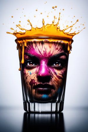 a woman with paint on her face and a glass of liquidの素材