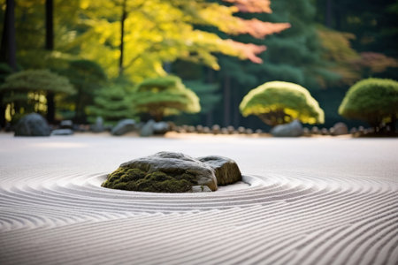 a rock in sand with trees in the backgroundの素材
