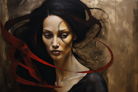 a painting of a woman with long black hairの素材