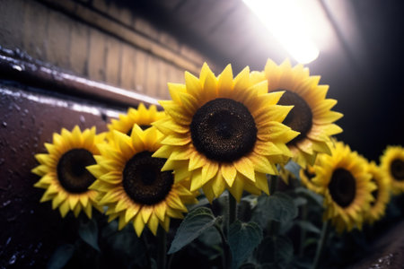 a group of sunflowers in a rowの素材