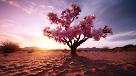 a tree with pink flowers growing out of sandの素材