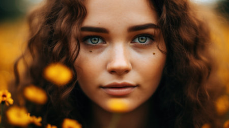 a woman with brown hair and blue eyesの素材