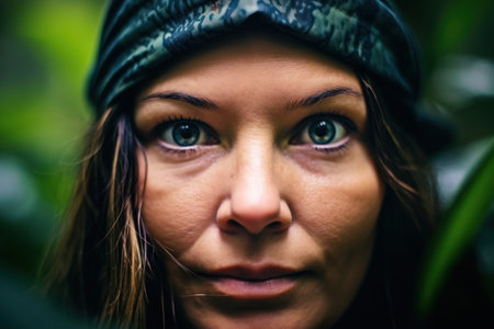 a woman with green eyes wearing a scarfの素材