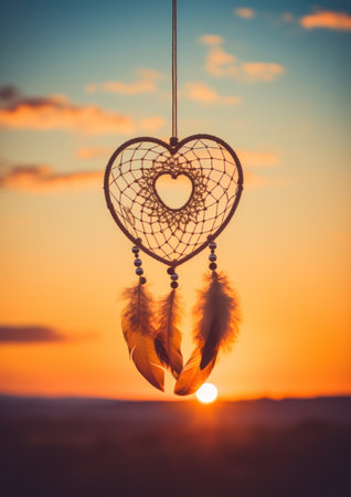 a heart shaped dream catcher with feathers from stringの素材