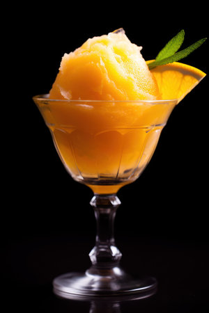 a glass with orange sorbet and a slice of lemonの素材