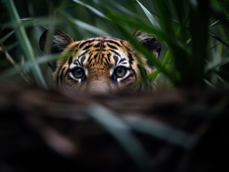 a tiger peeking through the grassの素材