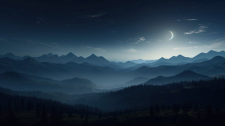 a landscape of mountains and trees at nightの素材
