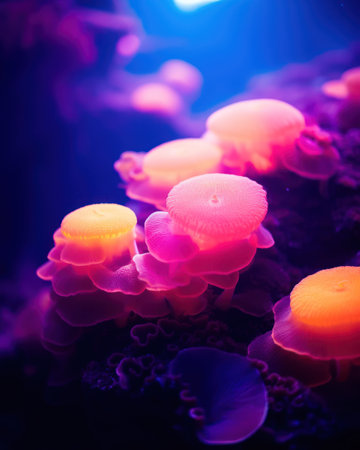 a group of pink and yellow jellyfishの素材