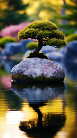 a tree growing on a rock in waterの素材