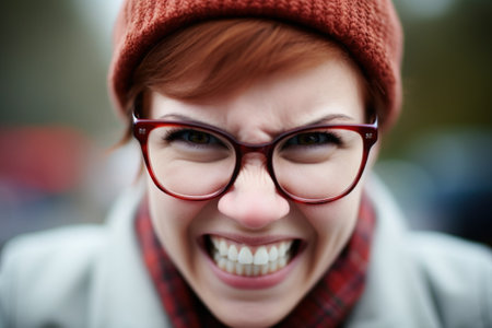 a woman wearing glasses and a hatの素材