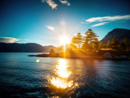 a sun shining through the clouds over a body of water with treesの素材