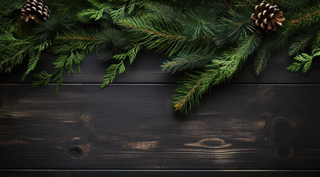 a pine tree branches on a wood surfaceの素材