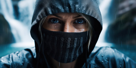 a woman wearing a black hoodie and a black maskの素材