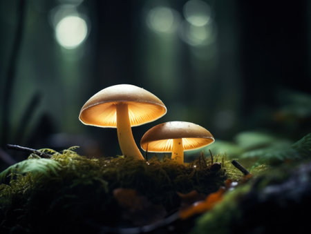 two mushrooms growing in the mossの素材
