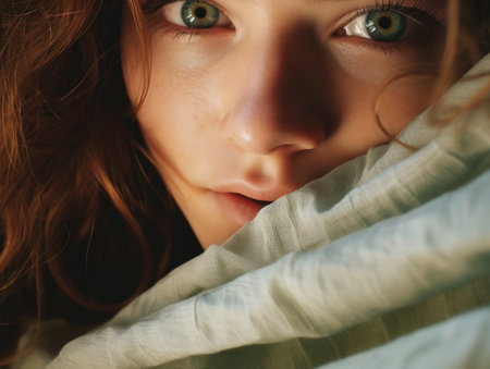 a woman with green eyes and a white blanketの素材