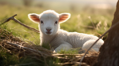 a baby lamb lying in grassの素材