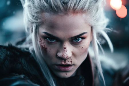 a woman with white hair and red spots on her faceの素材