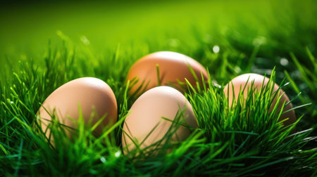 a group of eggs in grassの素材