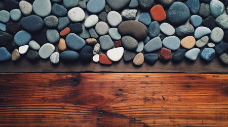 a group of rocks on a wood surfaceの素材