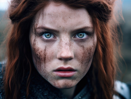 Portrait of a red-haired girl with freckles on her faceの素材