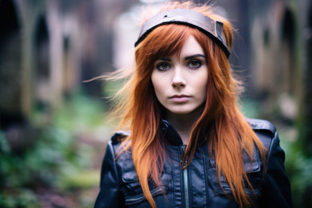 a woman with red hair wearing a leather jacket and a black leather jacketの素材