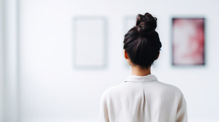 a woman looking at a pictureの素材