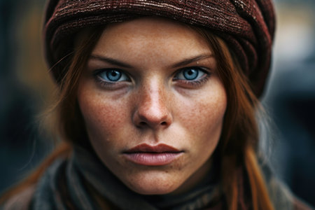 a woman with freckles and blue eyes wearing a scarfの素材