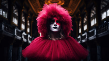 a woman with face paint and red fluffy capeの素材