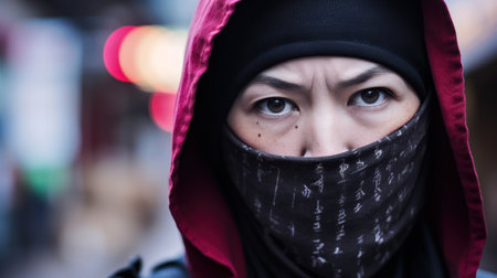 a woman wearing a black scarf and a red hoodの素材