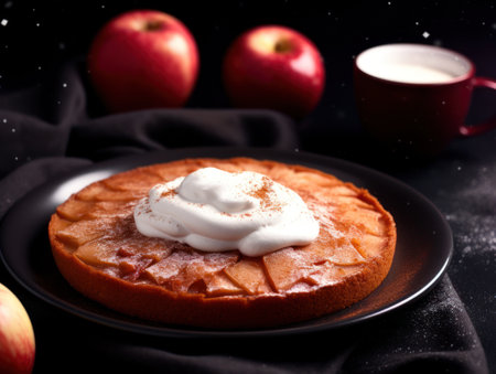 a pie with whipped cream on top and apples in the backgroundの素材