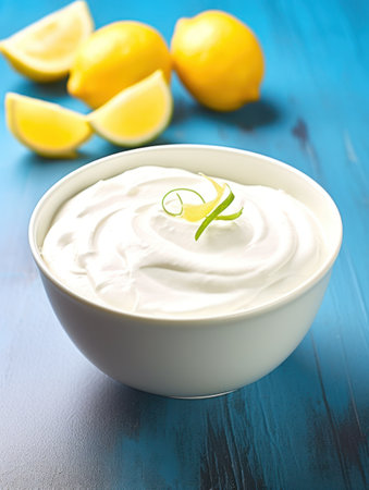 a bowl of white cream with a lime wedge and lemonsの素材