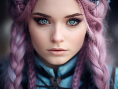 a woman with purple hair and blue eyesの素材
