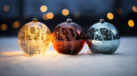 a group of shiny christmas ornaments in snowの素材