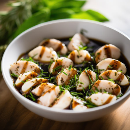 a bowl of food with sauce and herbsの素材