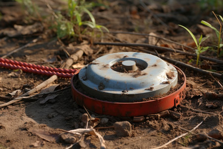 a circular object with a red wire in the dirtの素材