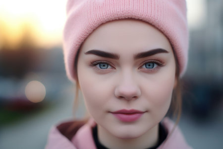a woman wearing a pink beanie and a pink jacketの素材