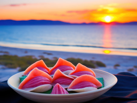 a plate of food on a table with a sunset in the backgroundの素材