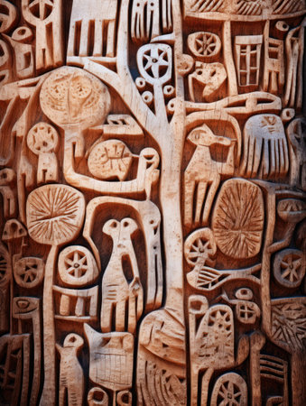 a carved wood carving of animals and treesの素材