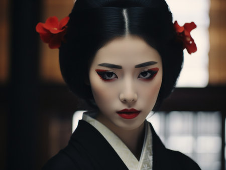 a woman with red makeup and flowers in her hairの素材