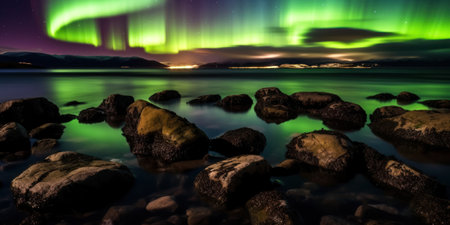 a green lights in the sky over waterの素材