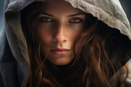 a woman with long hair wearing a hoodの素材