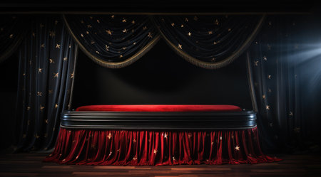 a black and red bed with gold stars on itの素材